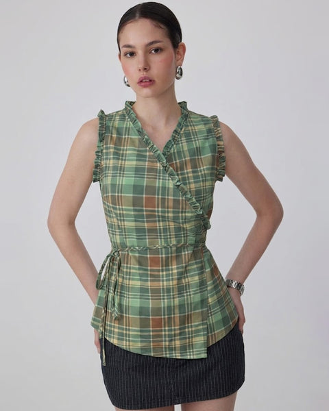 Sleeveless Wrap Front Ruffle Detail Top in Dusty Green