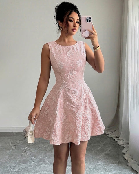 Bow Back Sleeveless Fit and Flare Floral Dress in Baby Pink