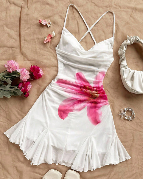 Floral Backless Flared Hem Mini Dress in Classic White