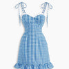 Tie Shoulder Ruffle Hem Gingham Mini Dress in Royal Blue