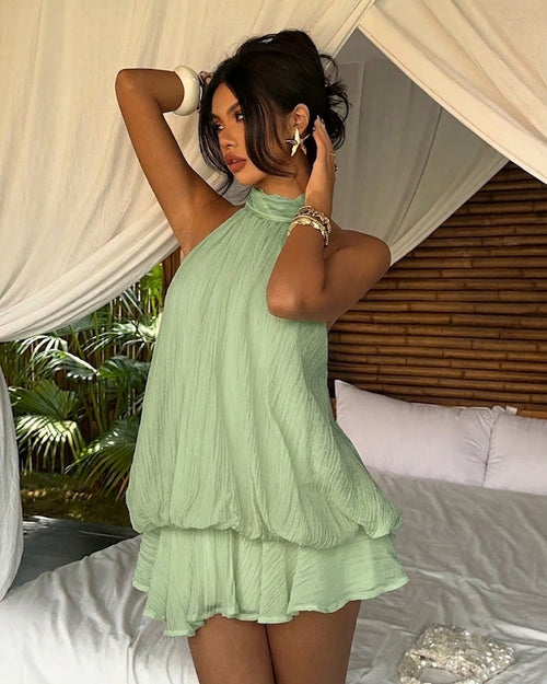 High Neck Fit and Flare Solid Sleeveless Layered Mini Dress in Sage Green