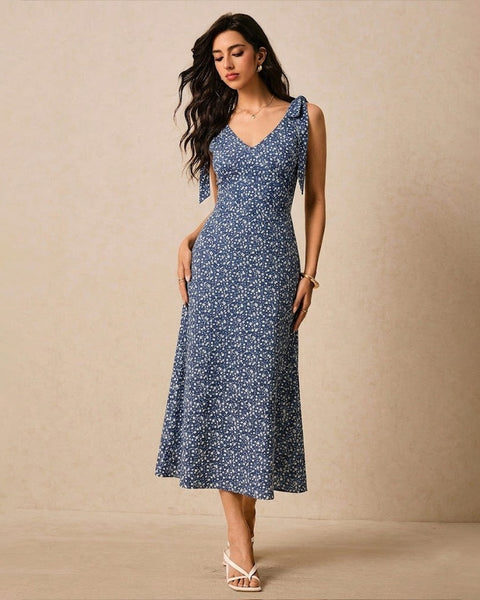 Floral Print V-Neck Smocked back Fit and Flare Midi Dress