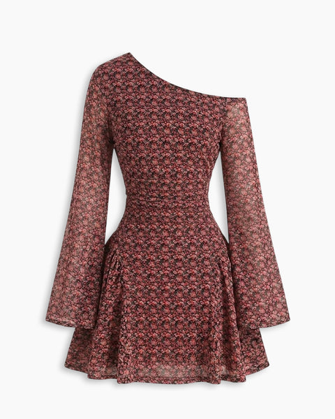 Asymmetrical Neck Floral Flared Sleeve Mini Dress