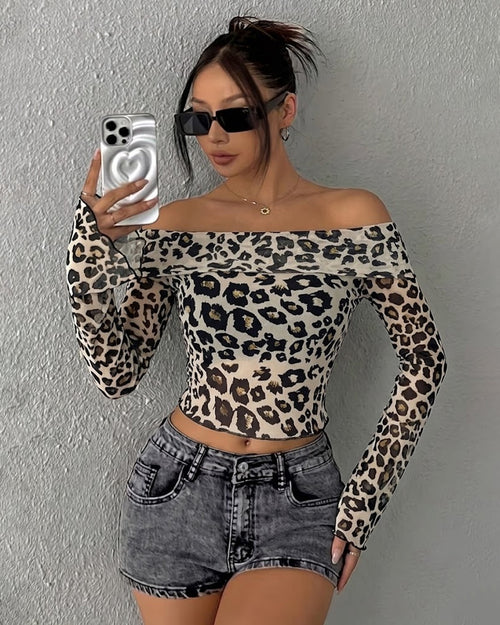 Leopard Print Off Shoulder Fitted Crop Top in Black & White