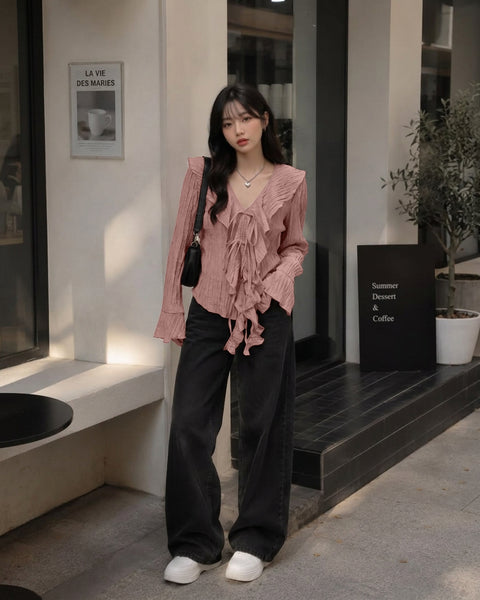 Ruffle Trim Tie Front Full Sleeve Top