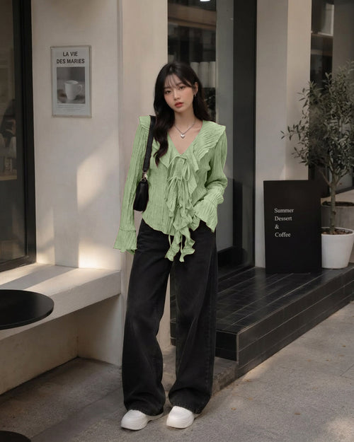 Ruffle Trim Tie Front Full Sleeve Top in Sage Green