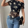 Floral Off Shoulder Asymmetrical Mesh Top In Soft Black