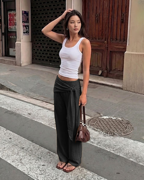 Tie Waist Detail Relaxed Fit Trousers In Jet Black