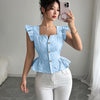 Floral Jacquard Button Detail Square Neck Peplum Top in Baby Blue
