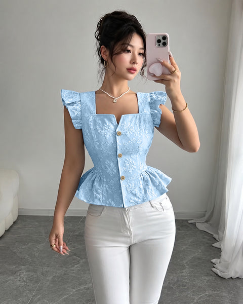 Floral Jacquard Button Detail Square Neck Peplum Top in Baby Blue