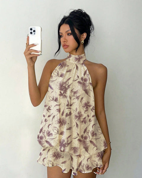 Floral Regular Fit Mini Dress in Cream and Lilac