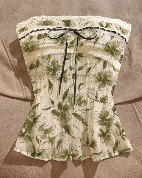 Strapless Lace Ribbon Bow Floral Top in Olive Green