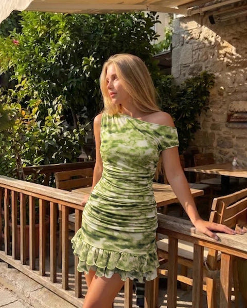 One Shoulder Ruched layered Hem Bodycon Mini Dress