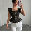 Floral Jacquard Button Detail Square Neck Peplum Top in Soft Black