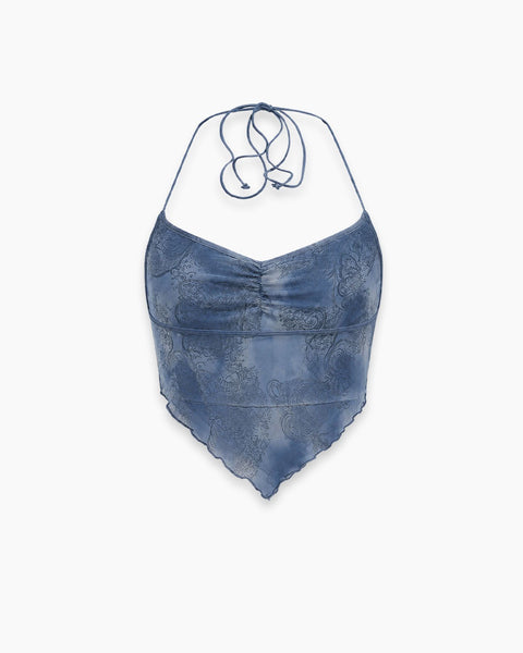 Paisley Print Tie Neck Top in Slate Blue