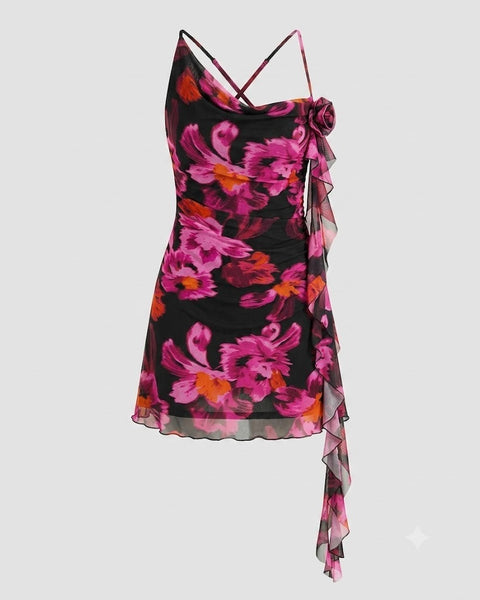 Mesh Asymmetrical Neck Ruched Mini Dress