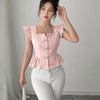 Floral Jacquard Button Detail Square Neck Peplum Top in Pink