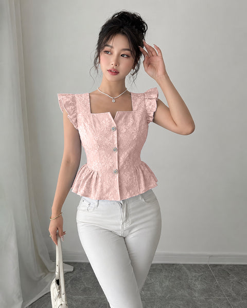 Floral Jacquard Button Detail Square Neck Peplum Top in Pink