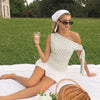 Asymmetrical Neck Polka Dot Ruched Knotted Top in Classic White