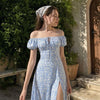 Off-Shoulder Puff Sleeve Cinched Maxi Dress In Powder Blue
