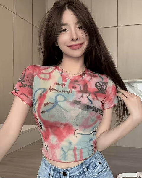 Graffiti Print Mesh Crop Top in Blush Pink