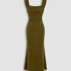 Square Neck Ruched Shimmer Mermaid Maxi Dress in Olive Green