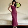 Square Neck Ruched Shimmer Mermaid Maxi Dress in Maroon