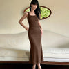 Square Neck Ruched Shimmer Mermaid Maxi Dress in Brown