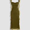 Ruched Ruffle Mesh Sleeveless Bodycon Midi Dress in Olive Green