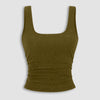 Square Neck Ruched Sleeveless Stretch Tank Top in Olive Green