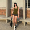 Square Neck Ruched Sleeveless Stretch Tank Top in Olive Green