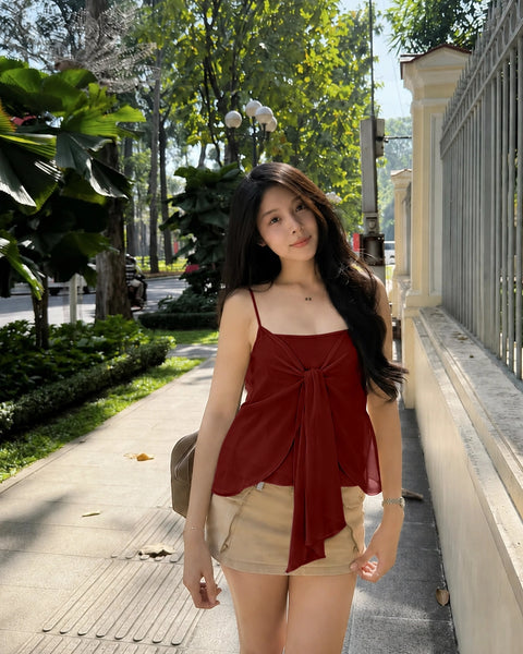 Front Knot Square Neck Cami Top in Merlot