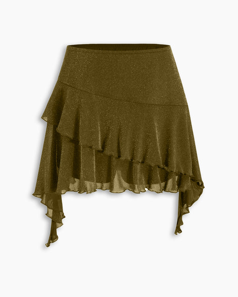 Mid Rise Glitter Ruffled Hem Layered Mini Skirt in Olive Green
