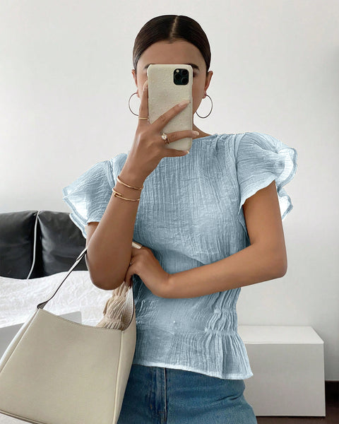 Crinkled Flutter Sleeve Peplum Top in Baby Blue