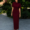 High Neck Slim Fit Solid Short Sleeve Maxi Dress in Maroon