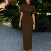 High Neck Slim Fit Solid Short Sleeve Maxi Dress in Coffee Brown