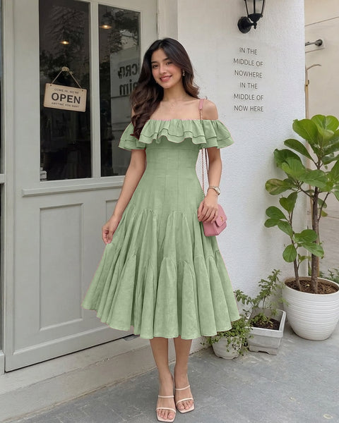Layered Off Shoulder Fit and Flare Midi Dress in Dusty Green
