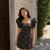 Floral Jacquard Square Neck Puff Sleeve Mini Dress in Jet Black