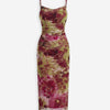 Floral Mesh Ruched Midi Dress In Wine Maroon