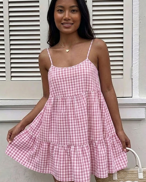 Flowy Tiered Gingham Cami Dress in Baby Pink