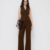 Sleeveless V-Neck Vest Button Front Blazer Top and High-Waisted A-Line Pants in Chocolate Brown