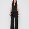 Sleeveless V-Neck Vest Button Front Blazer Top and High-Waisted A-Line Pants in Soft Black