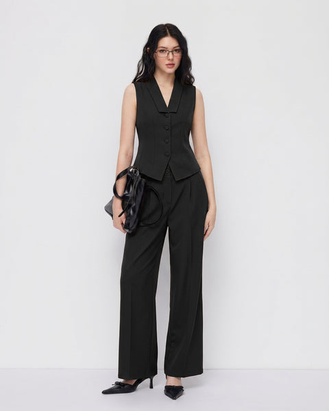 Sleeveless V-Neck Vest Button Front Blazer Top and High-Waisted A-Line Pants in Soft Black