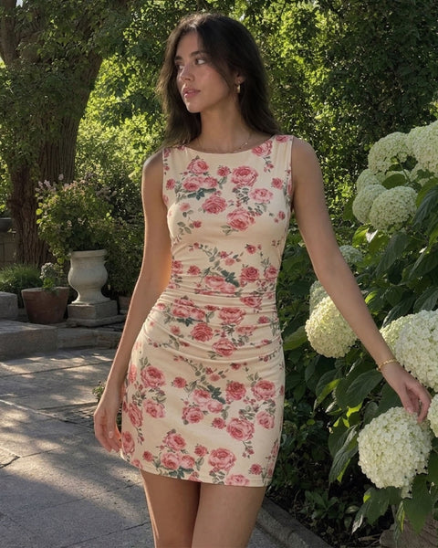 Ruched Floral Print Sleeveless Mini Dress