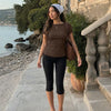 Textured Adjustable Back Fitted Top in Brown