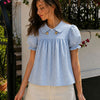 Gingham Double Button Puff Sleeve Top in Baby Blue