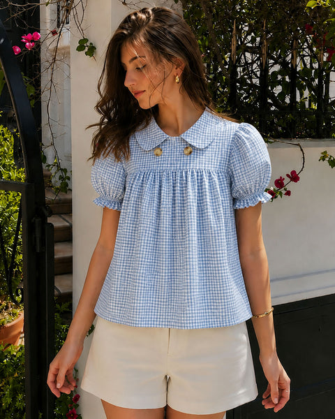 Gingham Double Button Puff Sleeve Top in Baby Blue