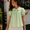 Gingham Double Button Puff Sleeve Top in Light Green