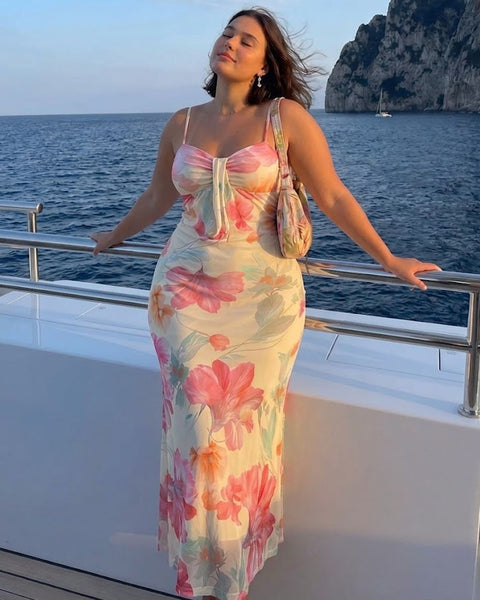 Casual Vacation Sleeveless Floral Ruched Maxi Slip Dress Curve & Plus in Beige and Pink