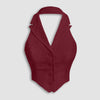 Party Halter Neck Button Front Crop Top in Cherry